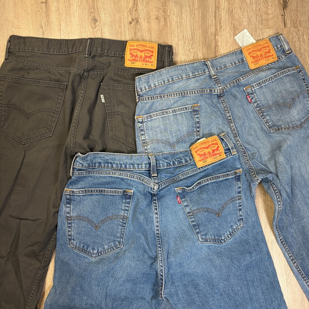 Lot of 3 Levis 505 Jeans 34x34 Black Blue Faded Straight Fit Denim Pants